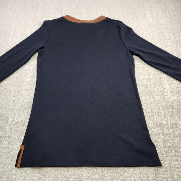 Ralph Lauren Shirt Womens Medium Black V-Neck Top Faux Suede Brown Trim NEW - Picture 7 of 8
